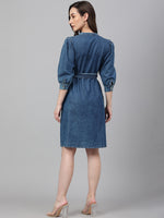 Thumbnail for Janasya Women's Blue Denim Solid Straight Western Dress - Distacart