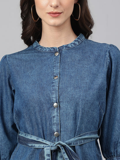 Janasya Women's Blue Denim Solid Straight Western Dress - Distacart