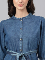 Thumbnail for Janasya Women's Blue Denim Solid Straight Western Dress - Distacart
