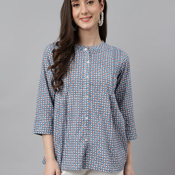 Janasya Women's Blue Cotton Printed Casual Regular Top - Distacart