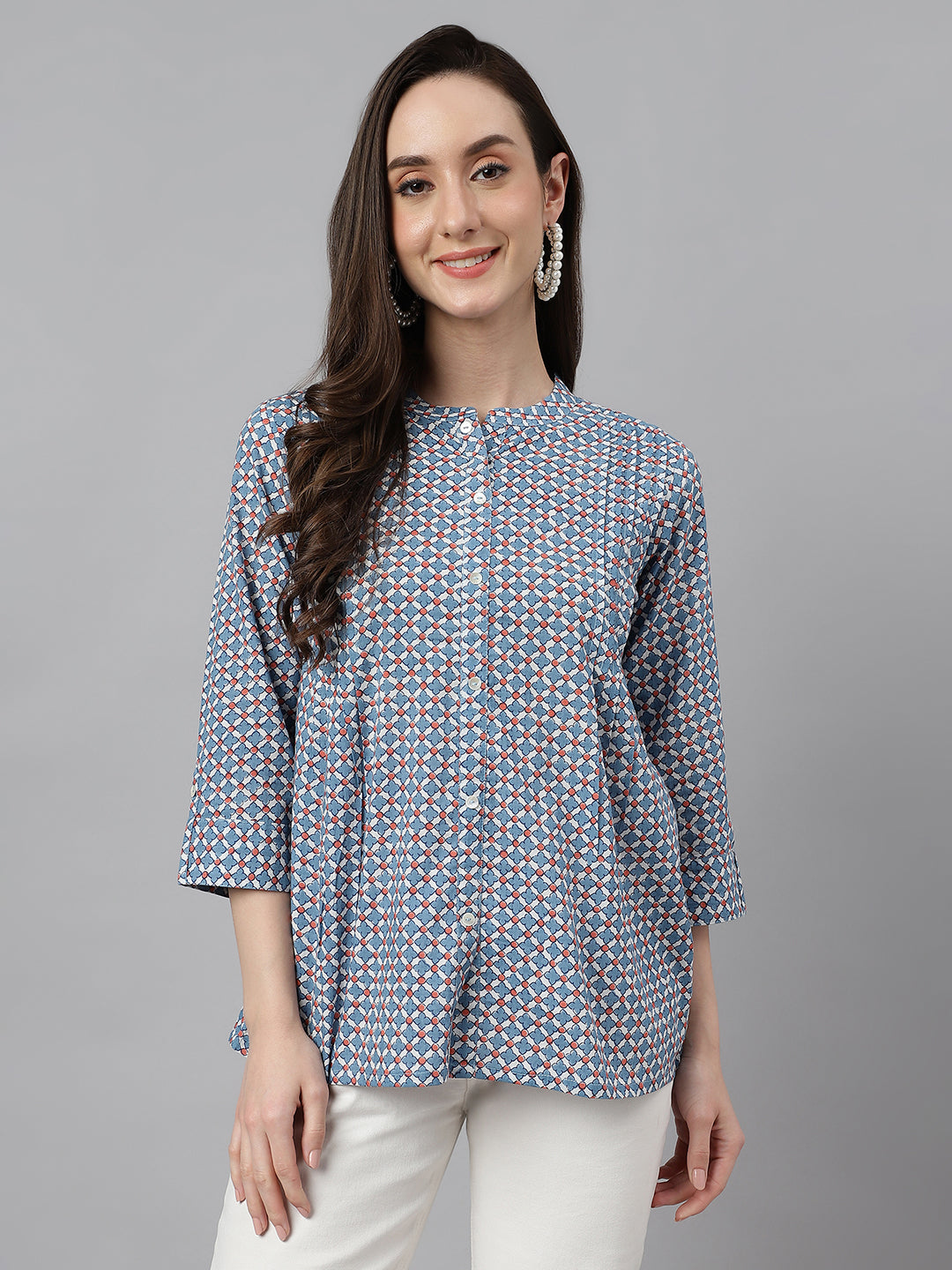 Janasya Women's Blue Cotton Printed Casual Regular Top - Distacart