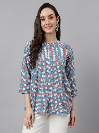 Janasya Women's Blue Cotton Printed Casual Regular Top - Distacart