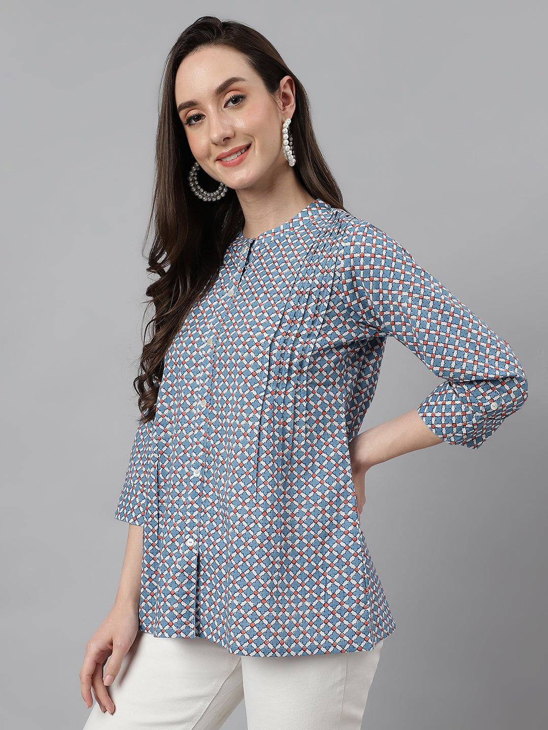Janasya Women's Blue Cotton Printed Casual Regular Top - Distacart