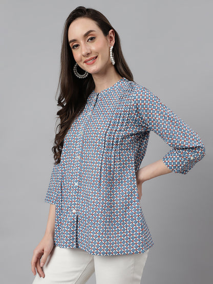 Janasya Women's Blue Cotton Printed Casual Regular Top - Distacart