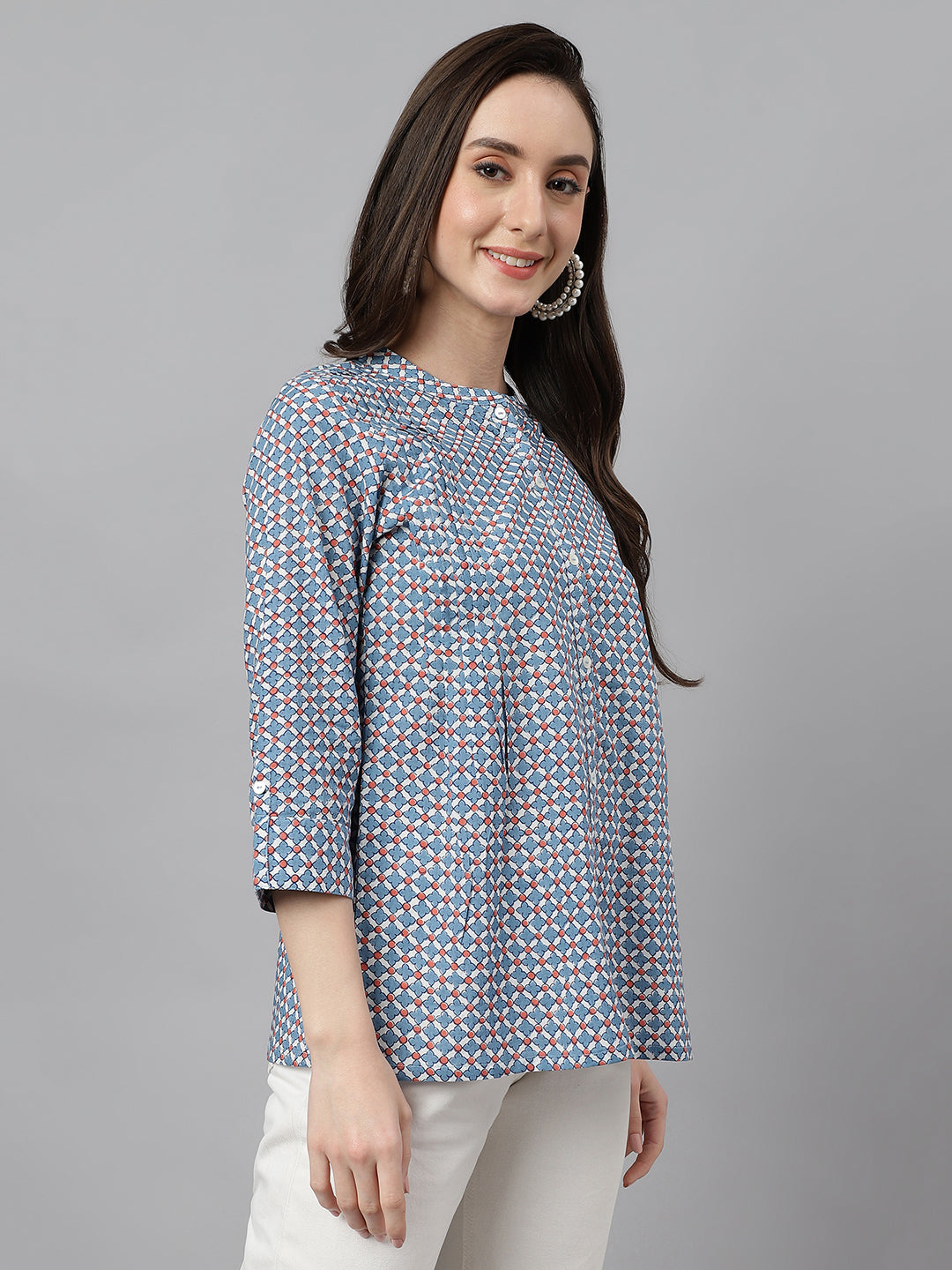 Janasya Women's Blue Cotton Printed Casual Regular Top - Distacart