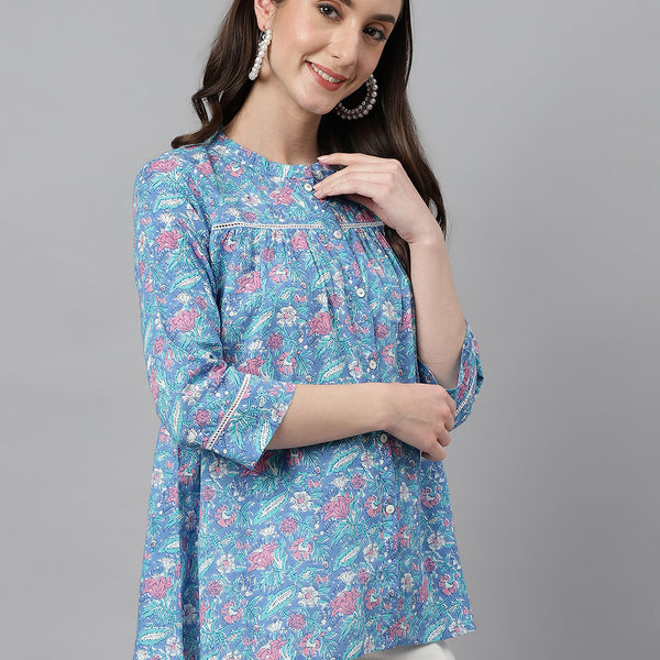 Janasya Women's Blue Cotton Botanical Print Casual Empire Top - Distacart