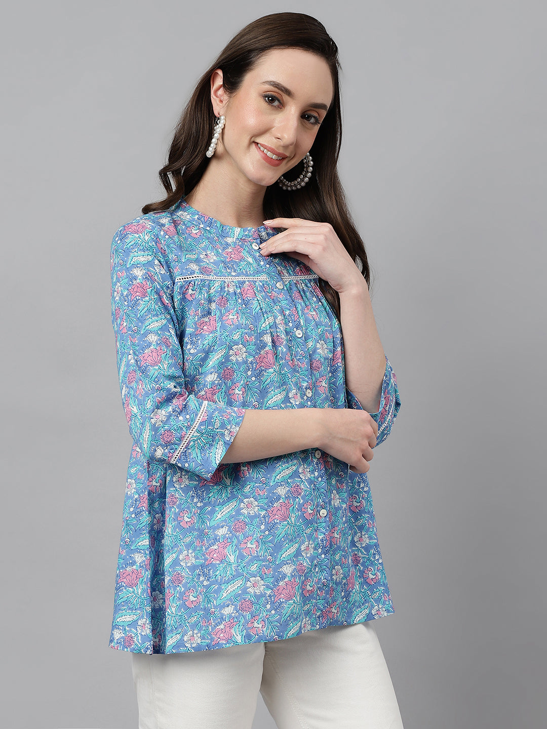 Janasya Women's Blue Cotton Botanical Print Casual Empire Top - Distacart
