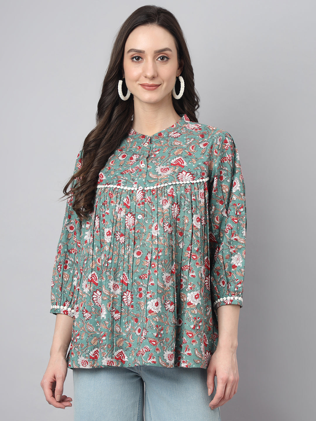 Janasya Women's Green Cotton Botanical Print Casual Empire Top - Distacart