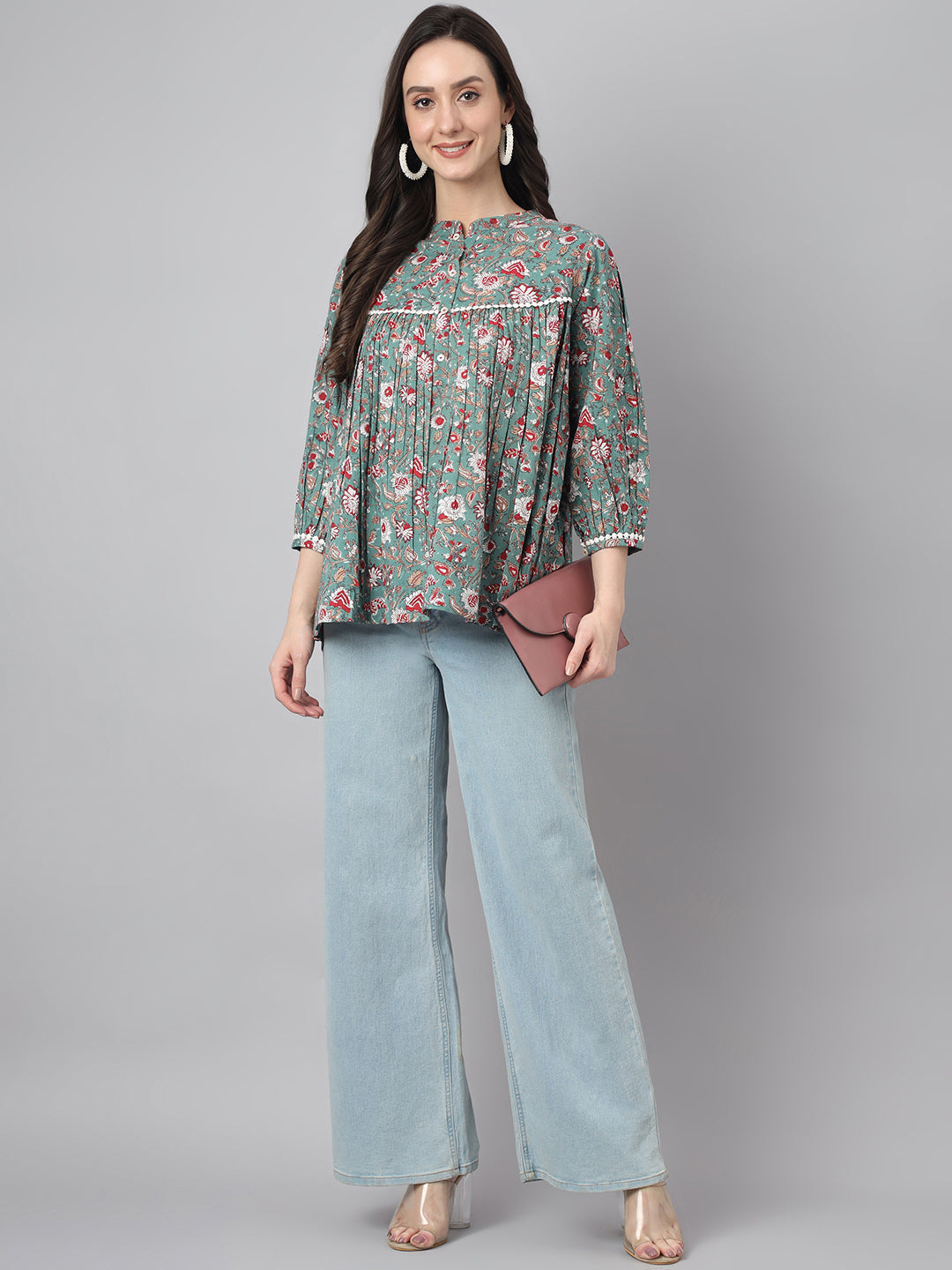 Janasya Women's Green Cotton Botanical Print Casual Empire Top - Distacart