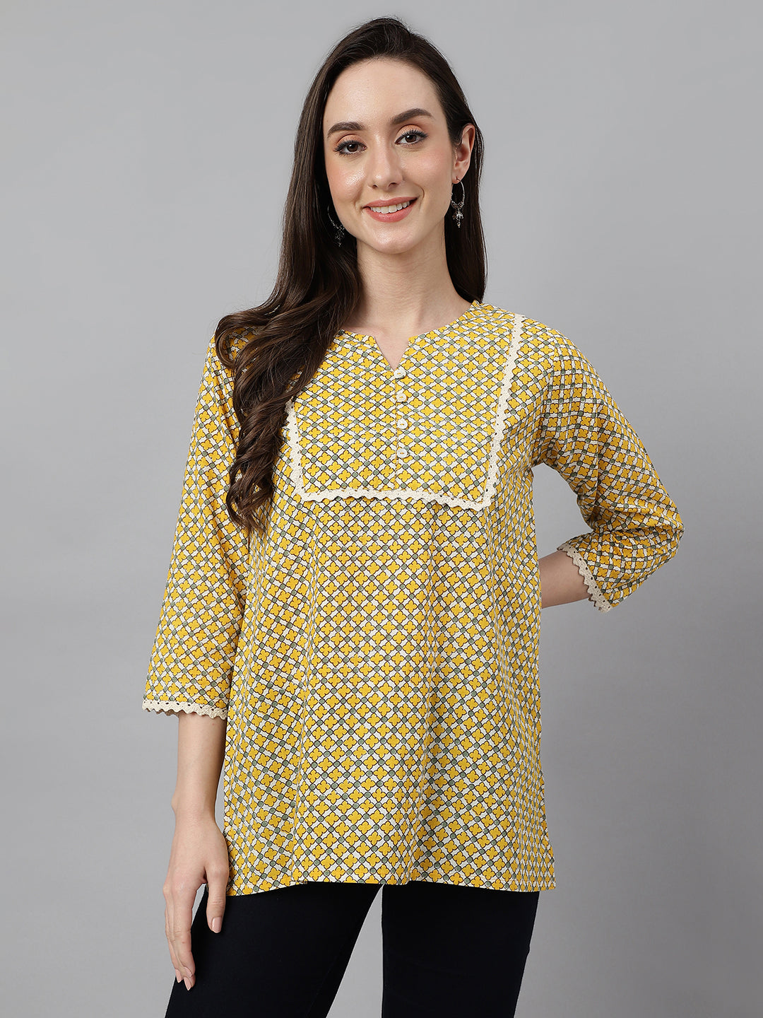 Janasya Women's Mustard Cotton Ethnic Motifs Casual Regular Top - Distacart