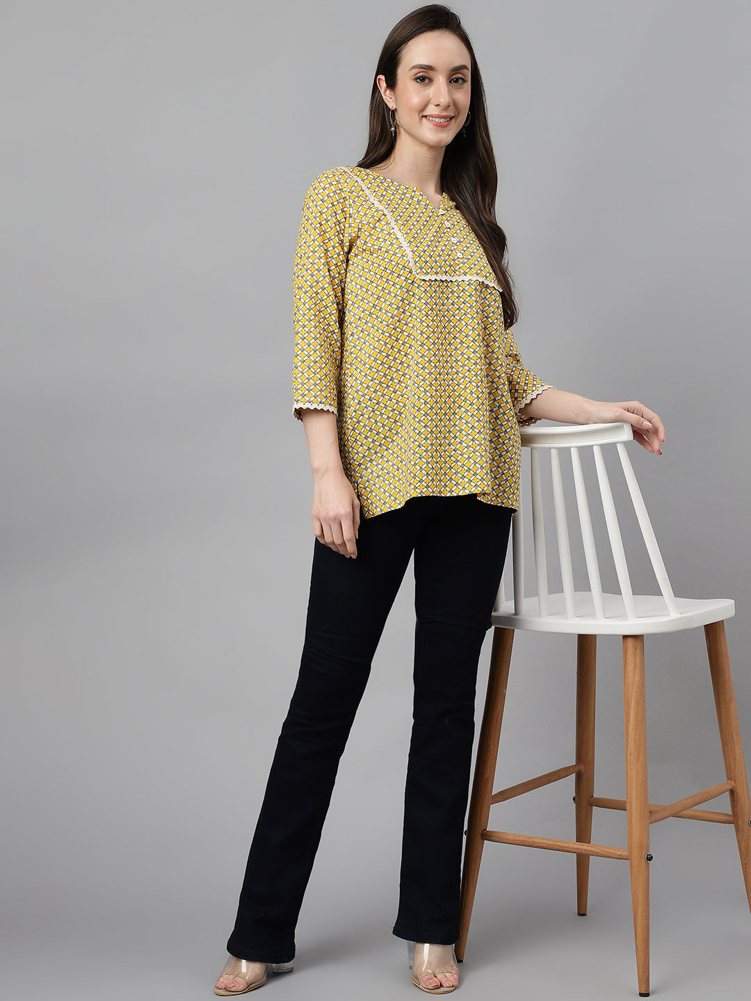 Janasya Women's Mustard Cotton Ethnic Motifs Casual Regular Top - Distacart