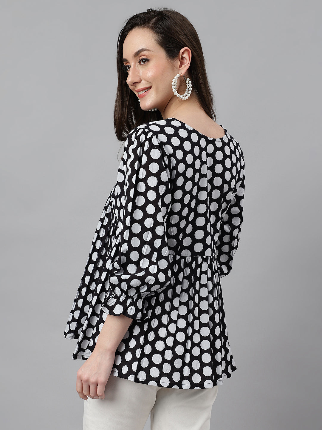 Janasya Women's Black Cotton Polka Print Casual Peplum Top - Distacart