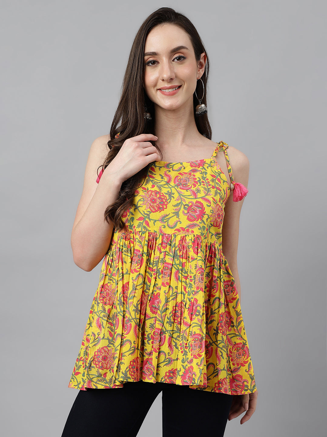 Janasya Women's Yellow Cotton Floral Print Casual Peplum Top - Distacart