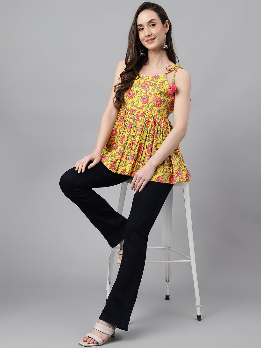 Janasya Women's Yellow Cotton Floral Print Casual Peplum Top - Distacart