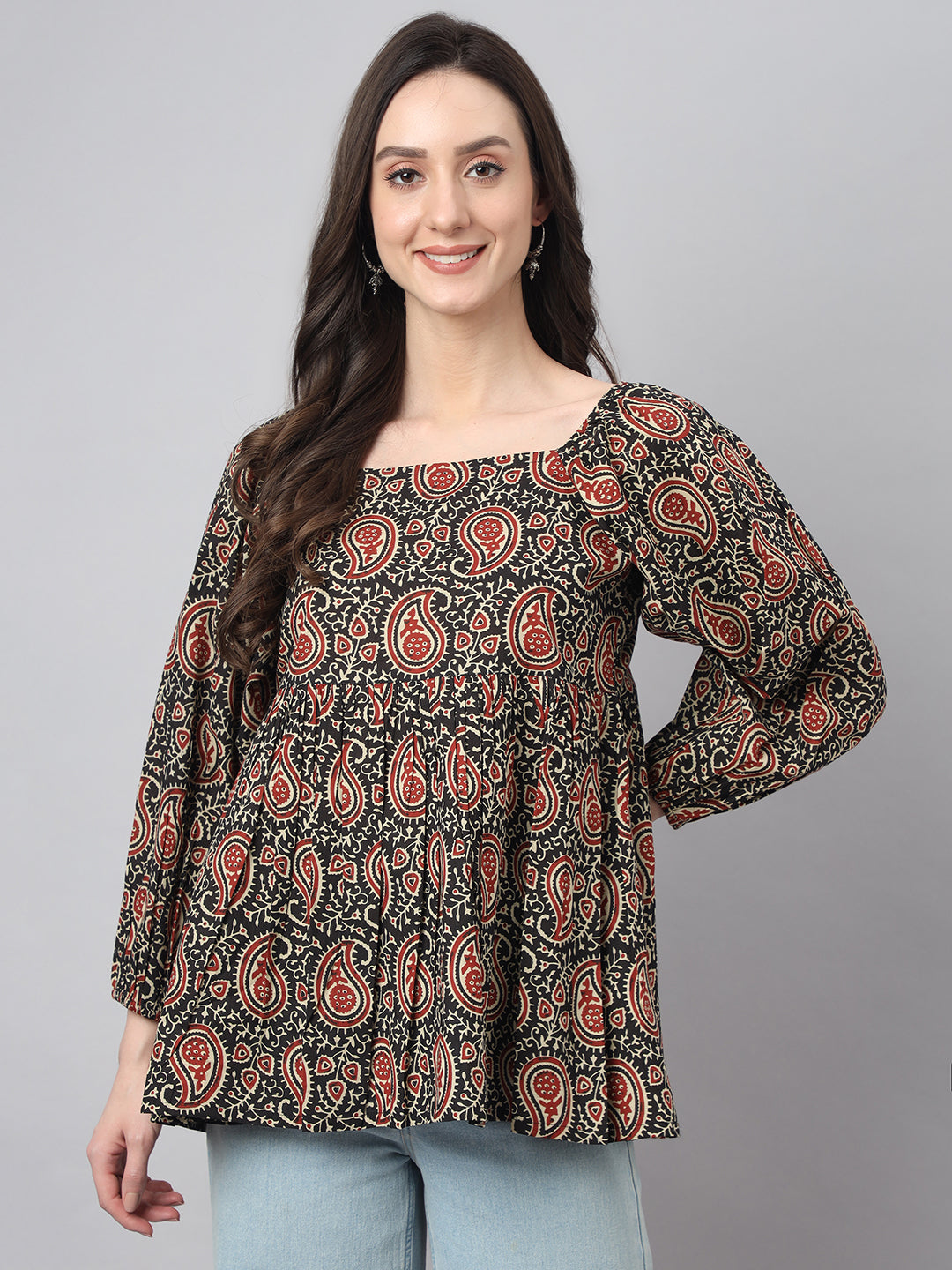 Janasya Women's Black Cotton Paisley Print Casual Gathered Top - Distacart