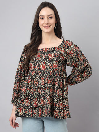 Janasya Women's Black Cotton Paisley Print Casual Gathered Top - Distacart