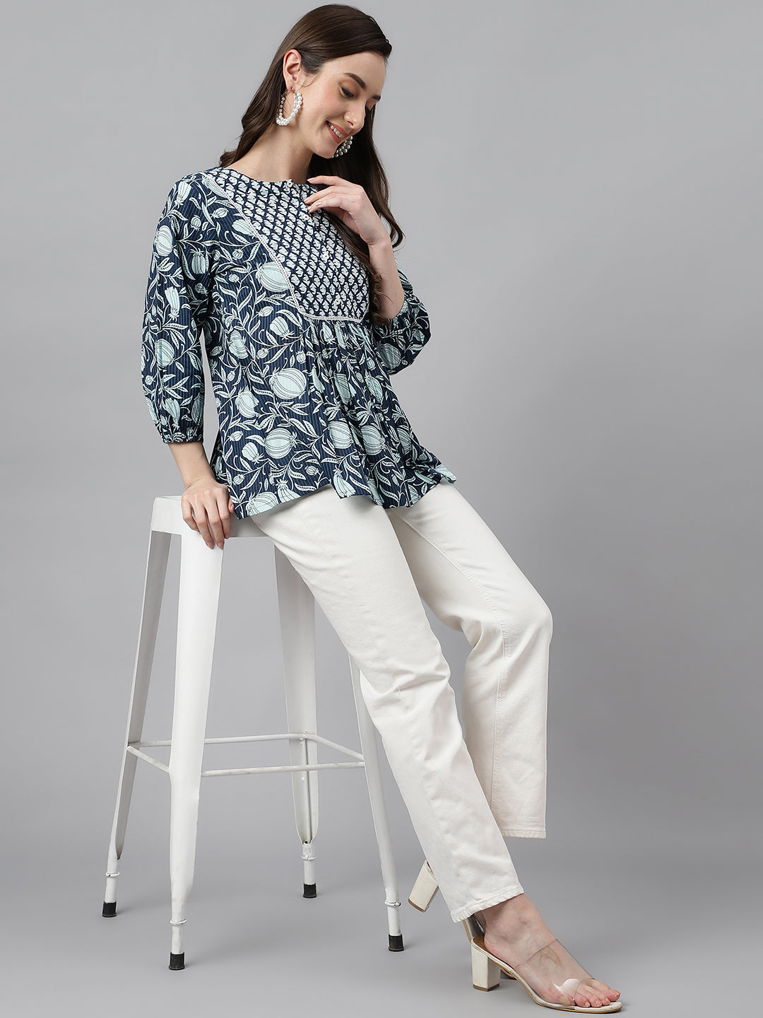 Janasya Women's Navy Blue Cotton Floral Print Gathered Top - Distacart