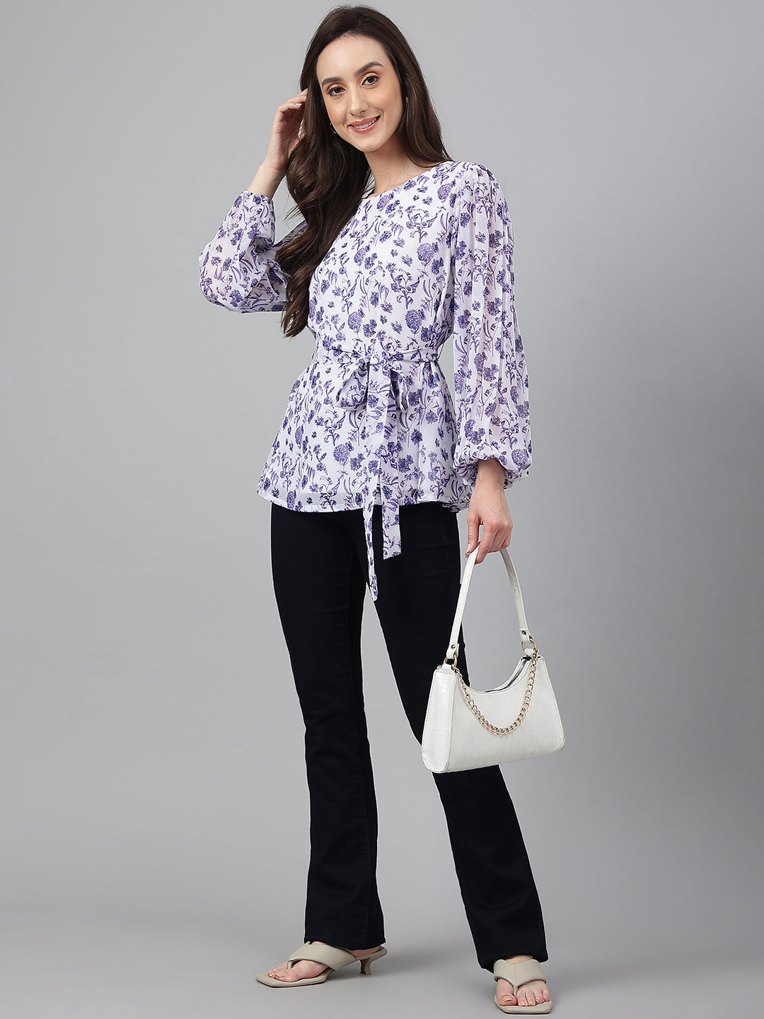 Janasya Women's White Georgette Floral Print Flared Top - Distacart