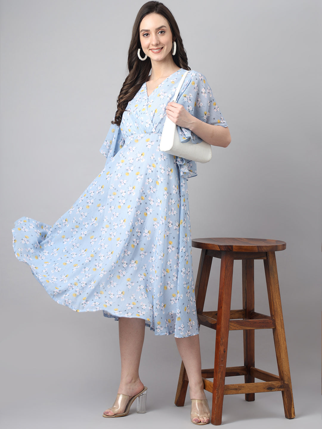 Janasya Women's Blue Georgette Floral Printed Flared Western Dress - Distacart