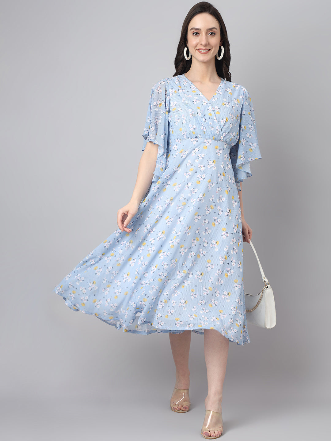 Janasya Women's Blue Georgette Floral Printed Flared Western Dress - Distacart