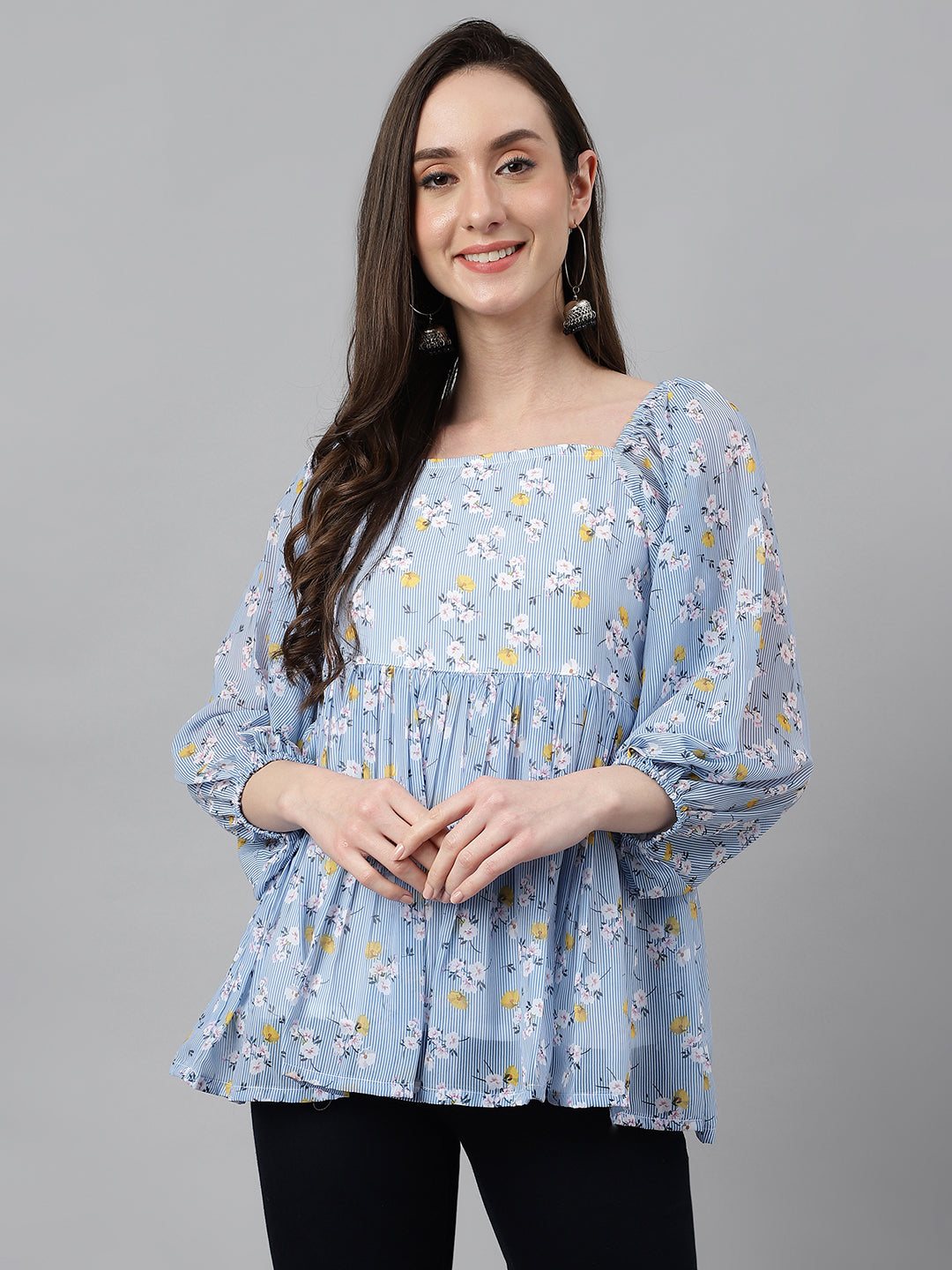Janasya Women's Blue Georgette Floral Print Peplum Top - Distacart