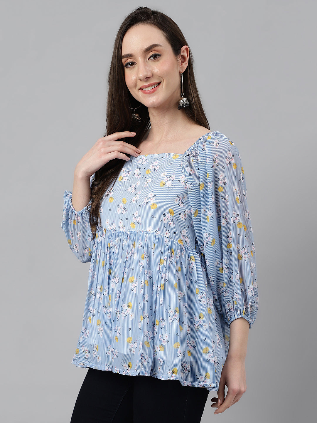 Janasya Women's Blue Georgette Floral Print Peplum Top - Distacart