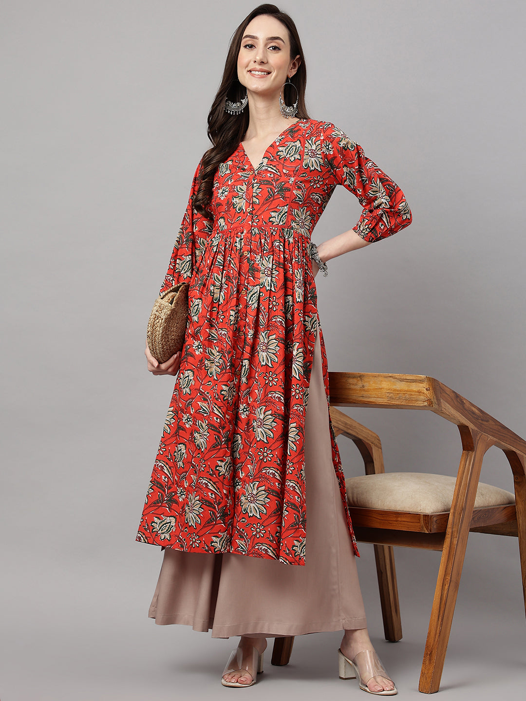 Janasya Women's Rust Orange Cotton Floral Printed Casual Gathered Kurta - Distacart