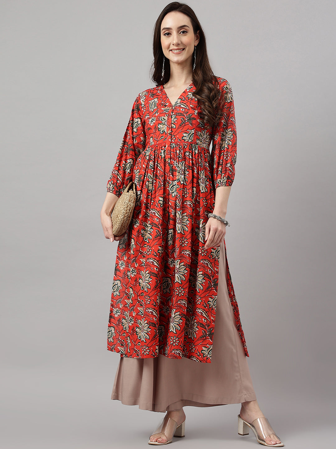 Janasya Women's Rust Orange Cotton Floral Printed Casual Gathered Kurta - Distacart