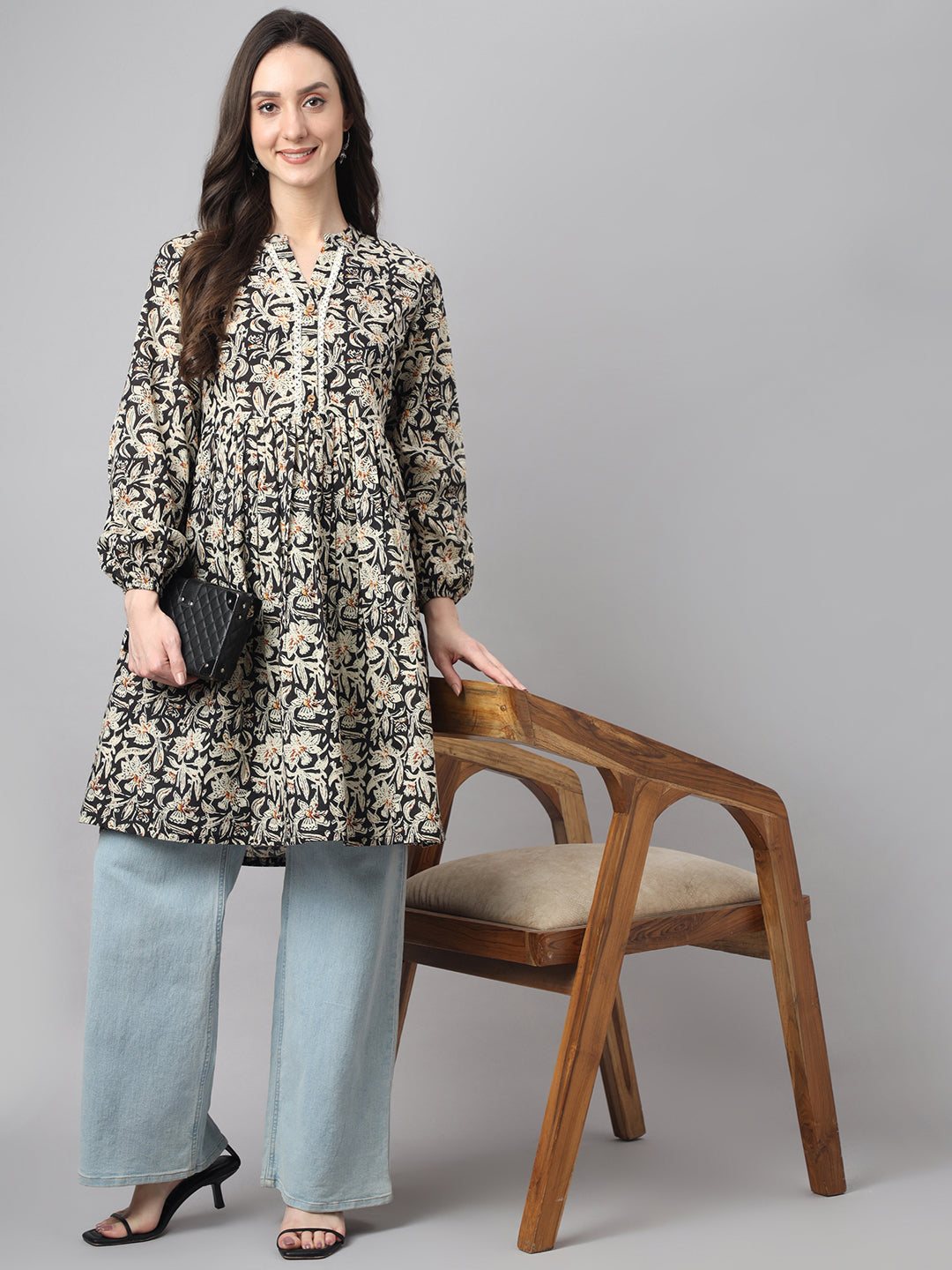 Janasya Women's Black Cotton Floral Print Casual Flared Tunic - Distacart