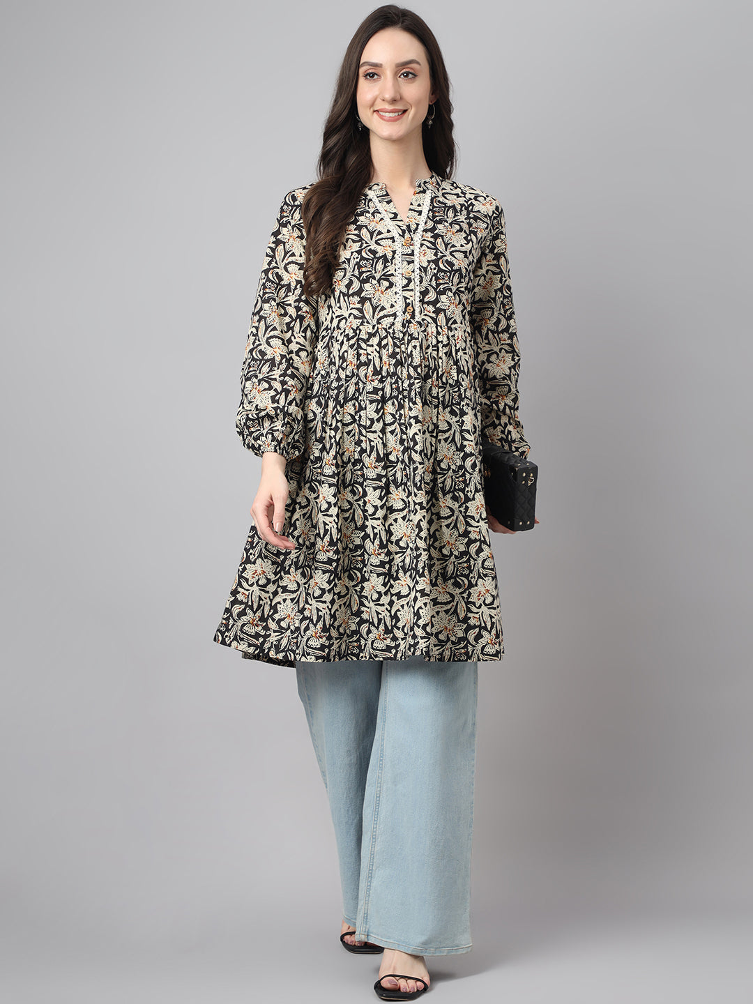 Janasya Women's Black Cotton Floral Print Casual Flared Tunic - Distacart