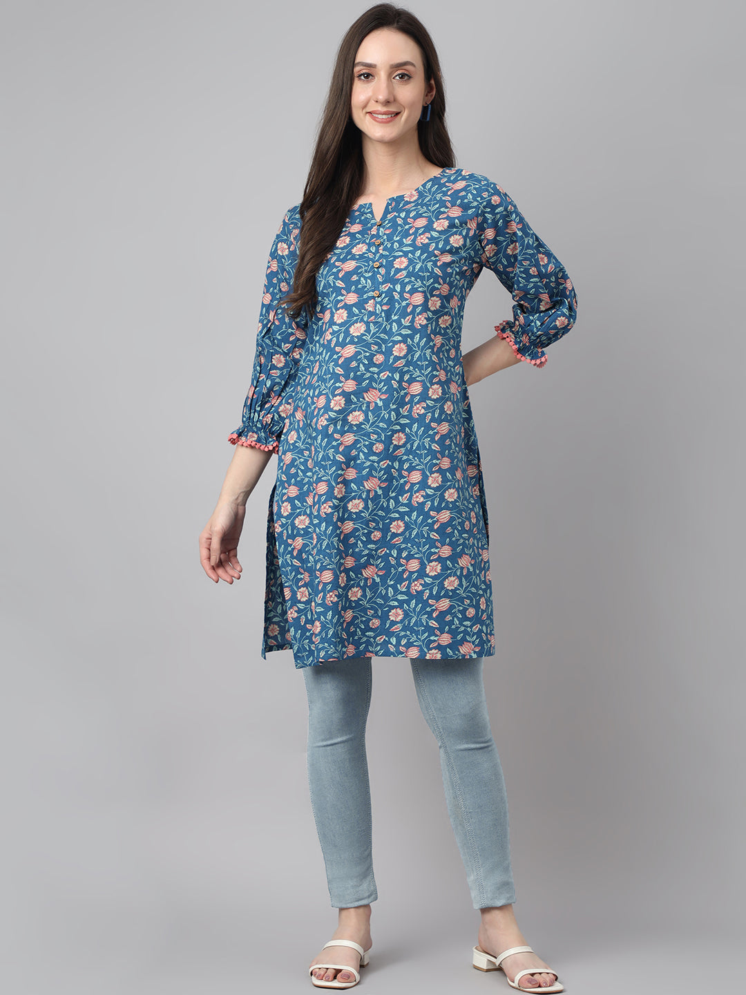 Janasya Women's Blue Cotton Floral Print Casual Regular Tunic - Distacart
