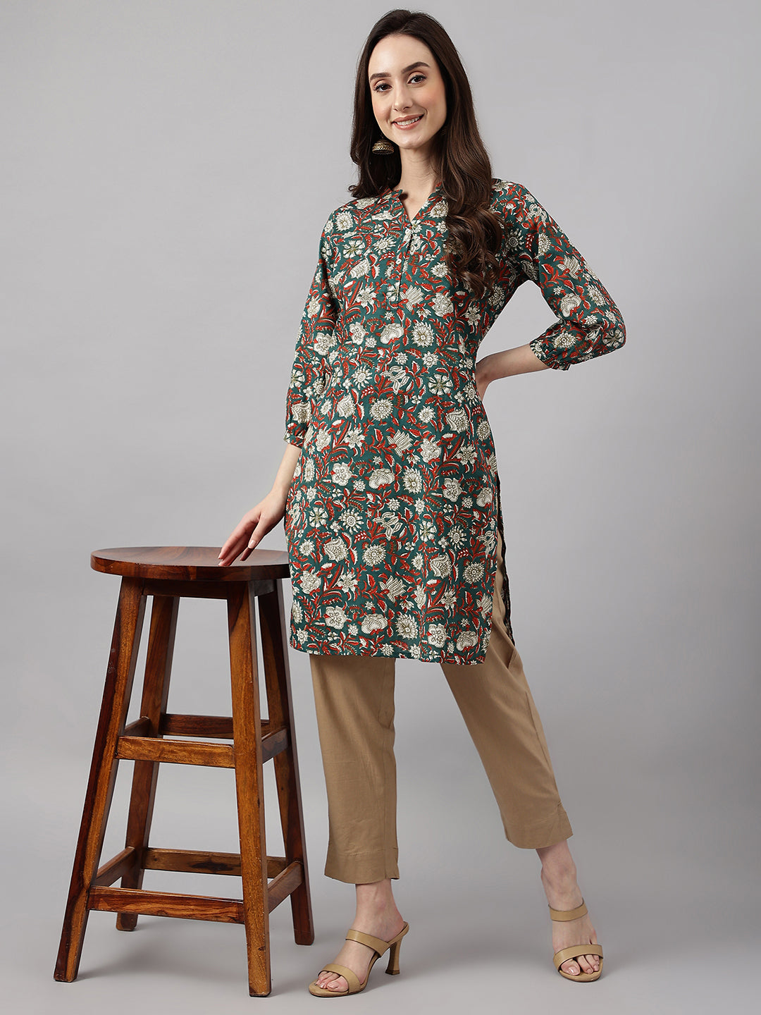 Janasya Women's Dark Green Cotton Floral Print Casual Regular Tunic - Distacart