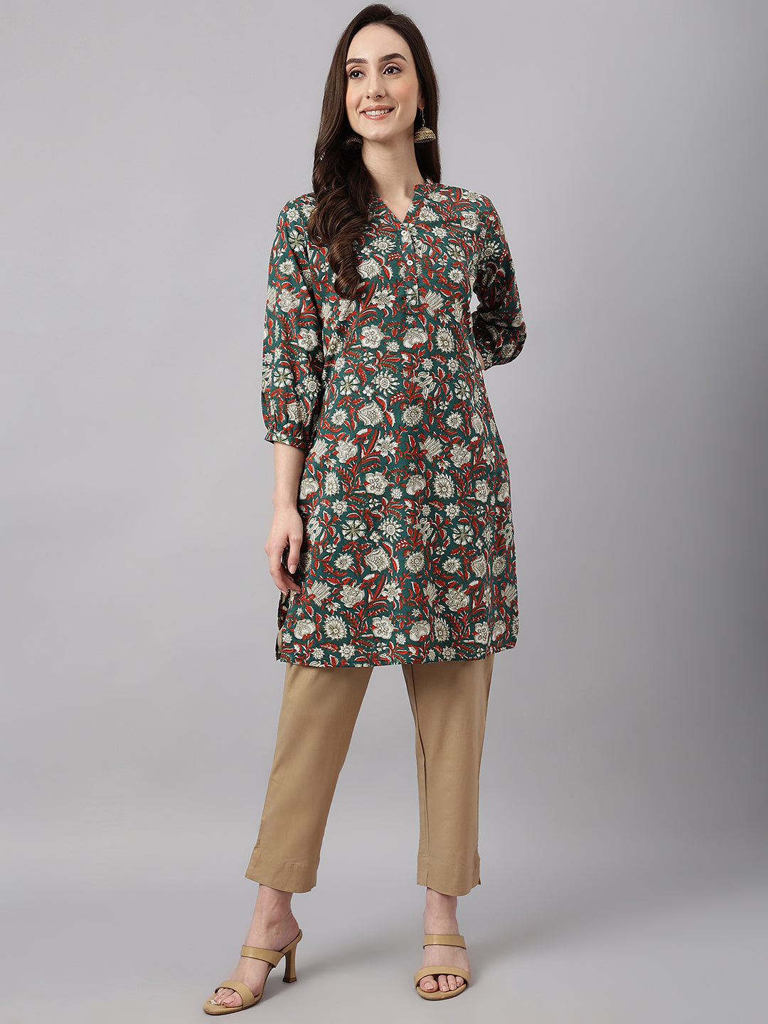 Janasya Women's Dark Green Cotton Floral Print Casual Regular Tunic - Distacart