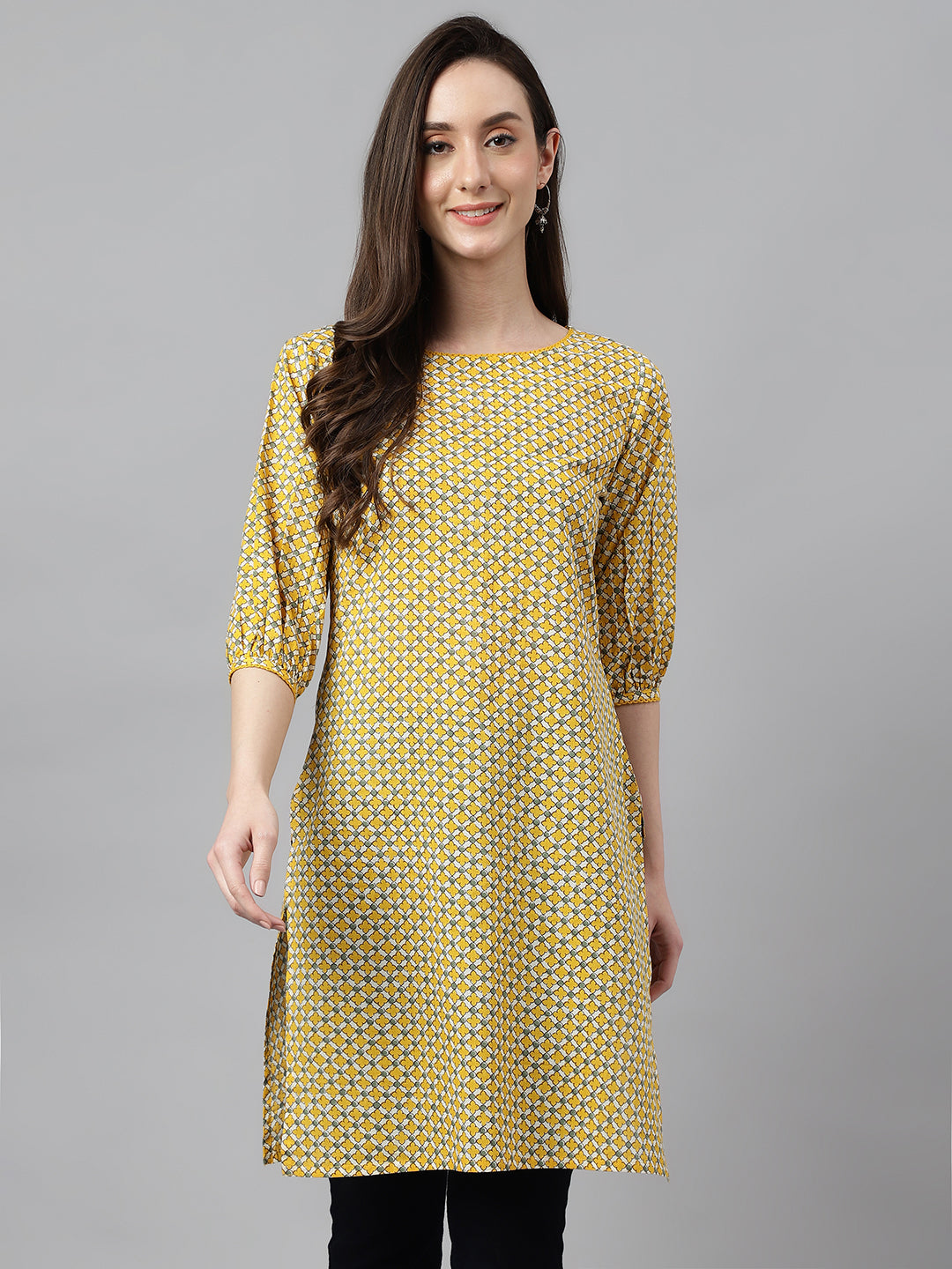 Janasya Women's Yellow Cotton Ethnic Motifs Casual Regular Tunic - Distacart
