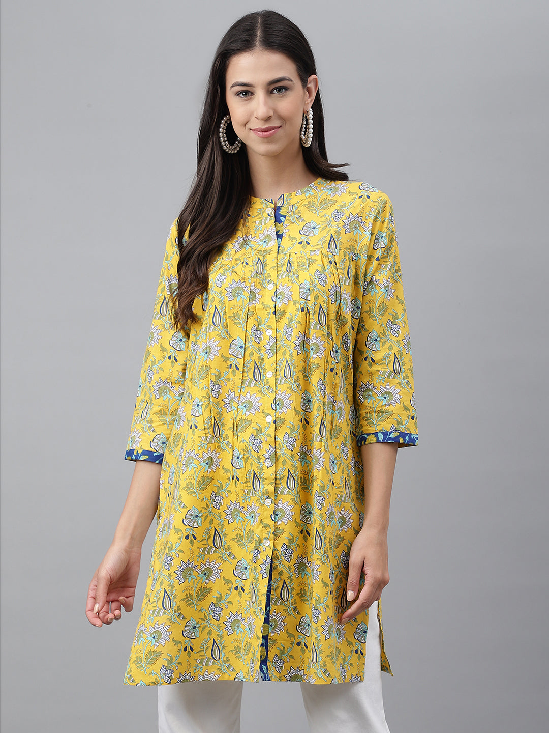 Janasya Women's Yellow Cotton Floral Print Casual Empire Tunic - Distacart