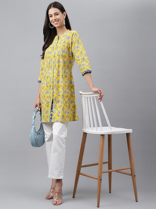 Janasya Women's Yellow Cotton Floral Print Casual Empire Tunic - Distacart