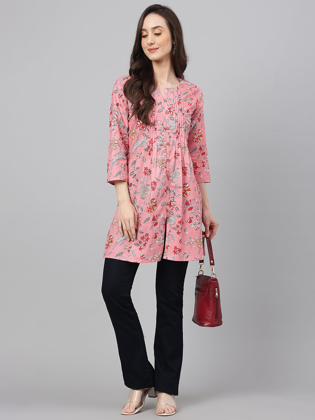 Janasya Women's Pink Cotton Floral Print Casual Regular Tunic - Distacart