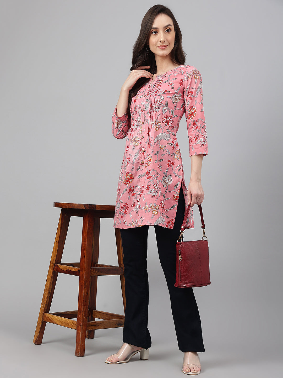 Janasya Women's Pink Cotton Floral Print Casual Regular Tunic - Distacart
