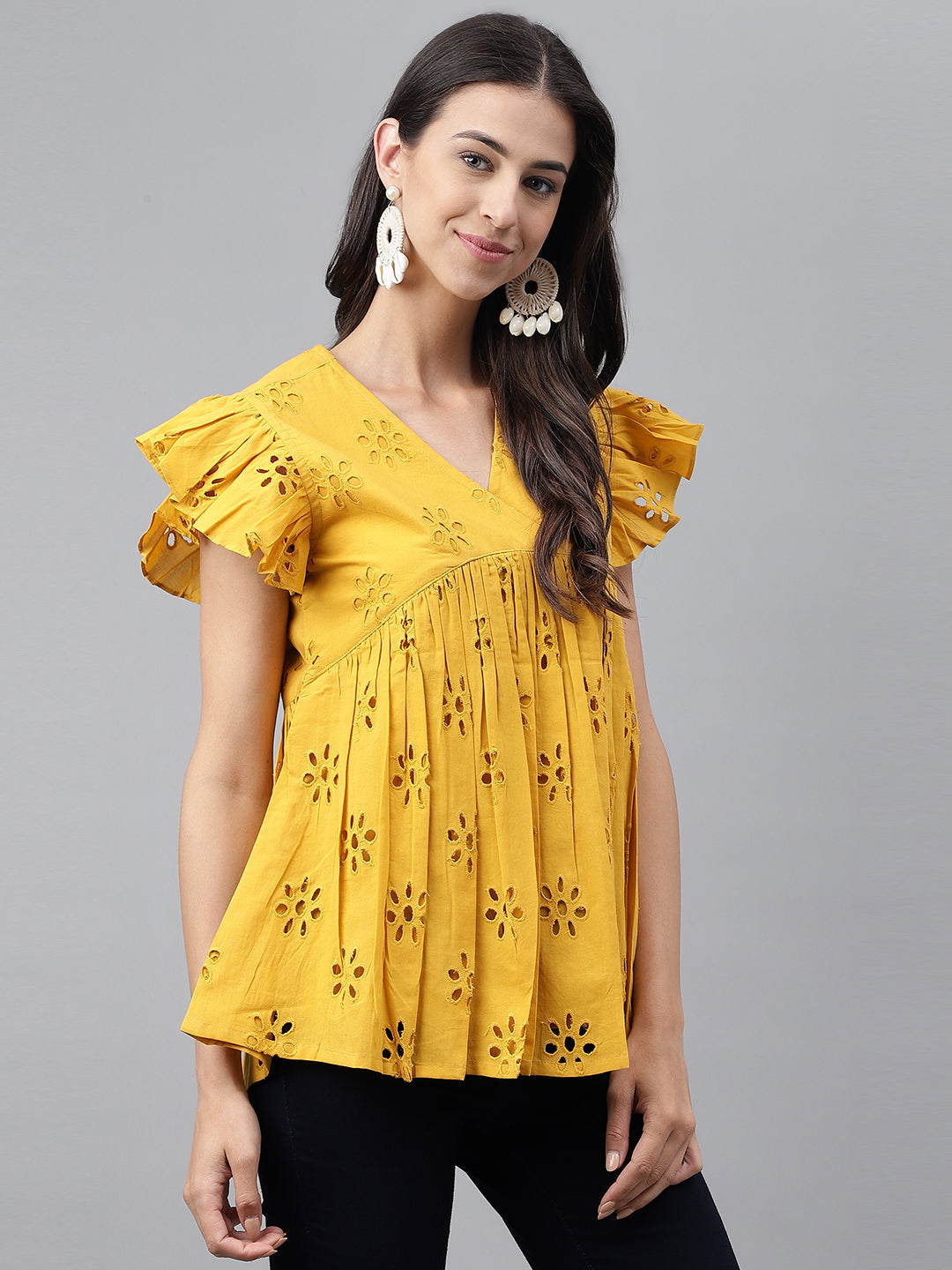 Janasya Women's Mustard Cotton Schiffli Casual Gathered Top - Distacart