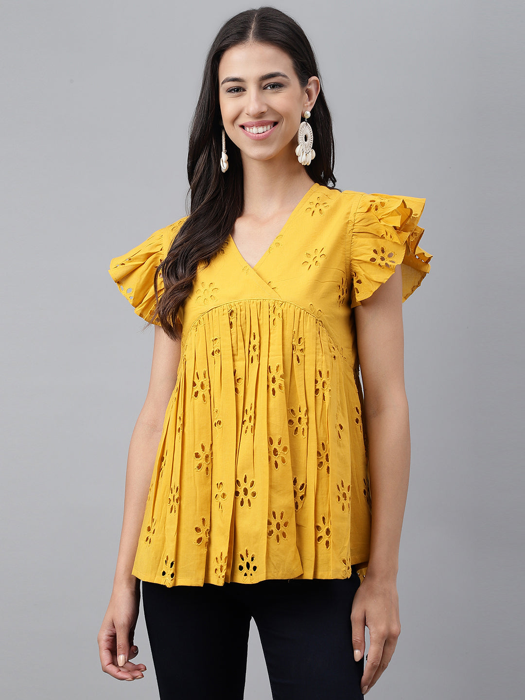 Janasya Women's Mustard Cotton Schiffli Casual Gathered Top - Distacart