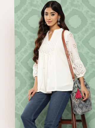 Janasya Women's White Cotton Schiffli Casual A-Line Top - Distacart