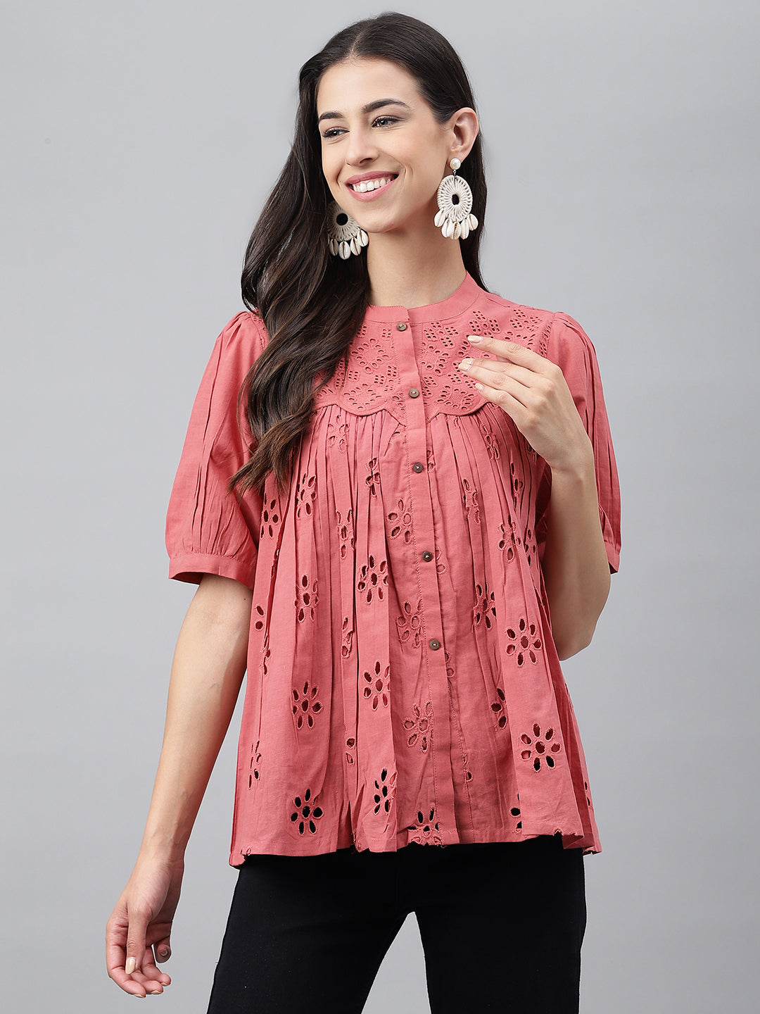 Janasya Women's Pink Cotton Schiffli Casual Gathered Top - Distacart
