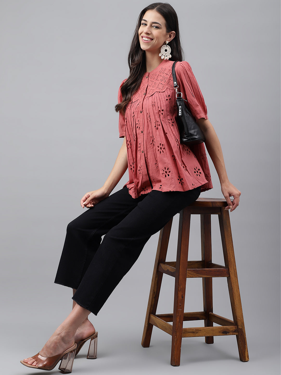 Janasya Women's Pink Cotton Schiffli Casual Gathered Top - Distacart