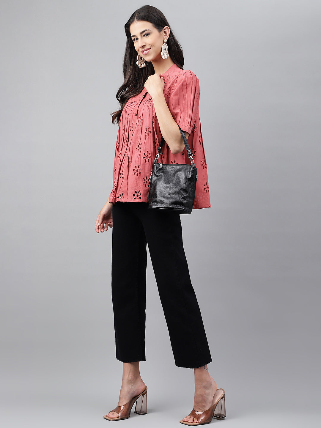 Janasya Women's Pink Cotton Schiffli Casual Gathered Top - Distacart