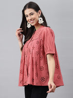 Thumbnail for Janasya Women's Pink Cotton Schiffli Casual Gathered Top - Distacart