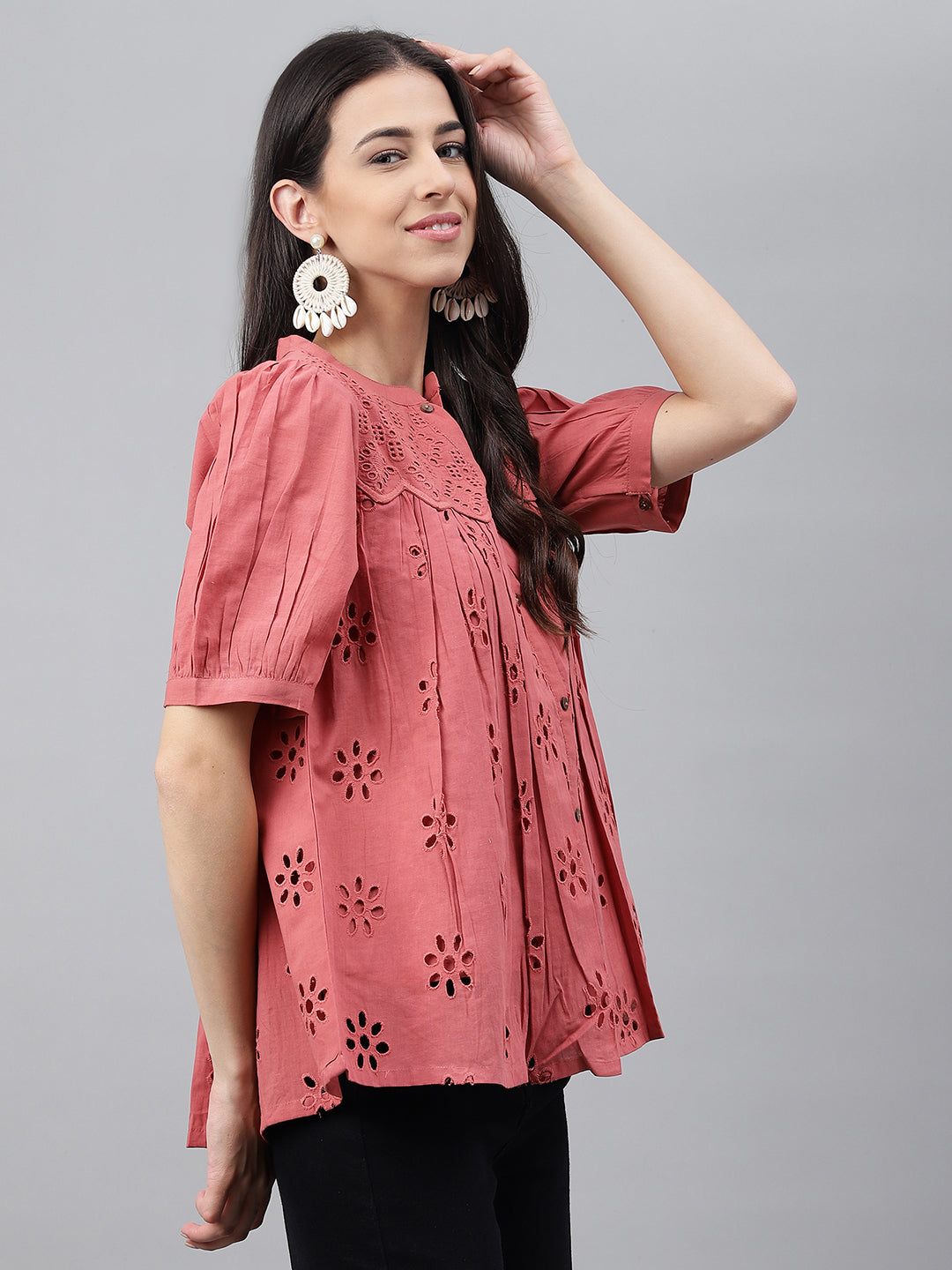 Janasya Women's Pink Cotton Schiffli Casual Gathered Top - Distacart