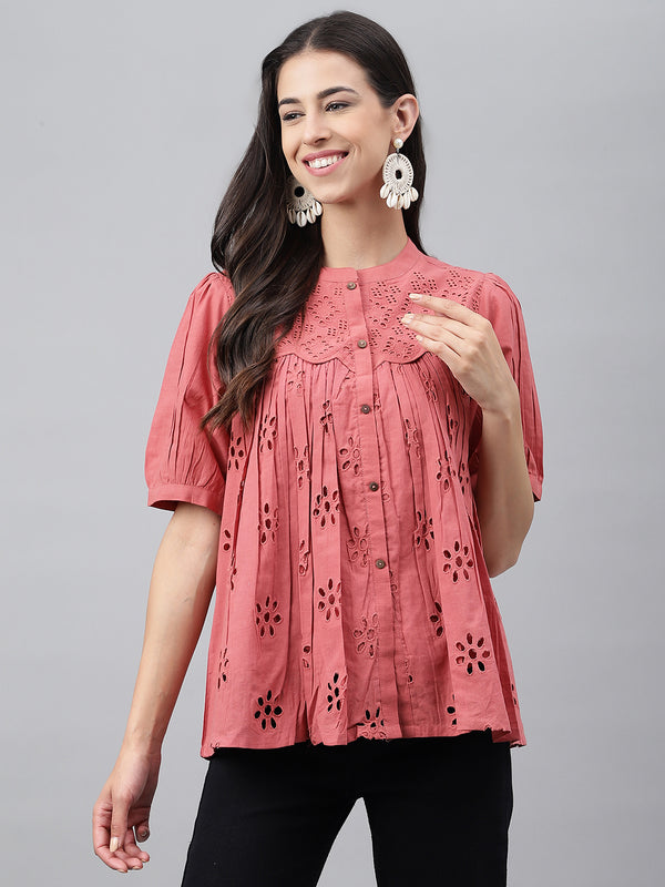 Janasya Women's Pink Cotton Schiffli Casual Gathered Top - Distacart