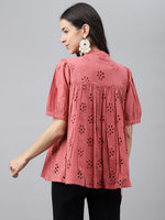 Thumbnail for Janasya Women's Pink Cotton Schiffli Casual Gathered Top - Distacart