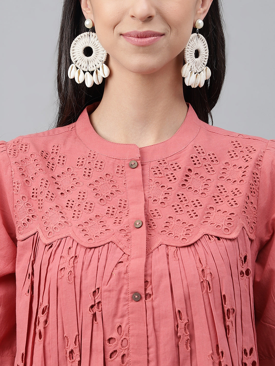 Janasya Women's Pink Cotton Schiffli Casual Gathered Top - Distacart