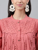 Thumbnail for Janasya Women's Pink Cotton Schiffli Casual Gathered Top - Distacart